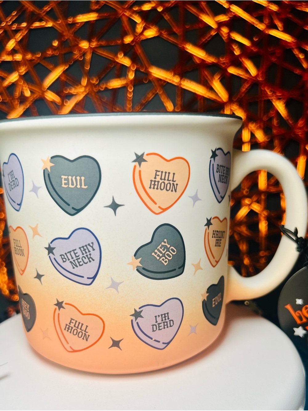 Halloween Conversation Hearts Mug in Orange, Purple & Black Dark Romance Fun